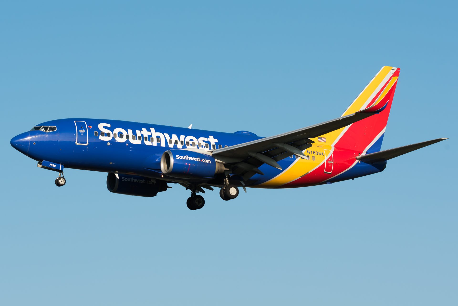 A Southwest Airlines Boeing 737 on approach to Baltimore.