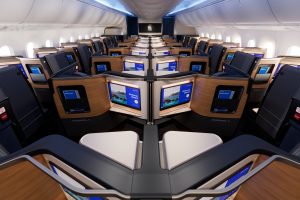 A United Elevated interior in a Boeing 787-9 Dreamliner.