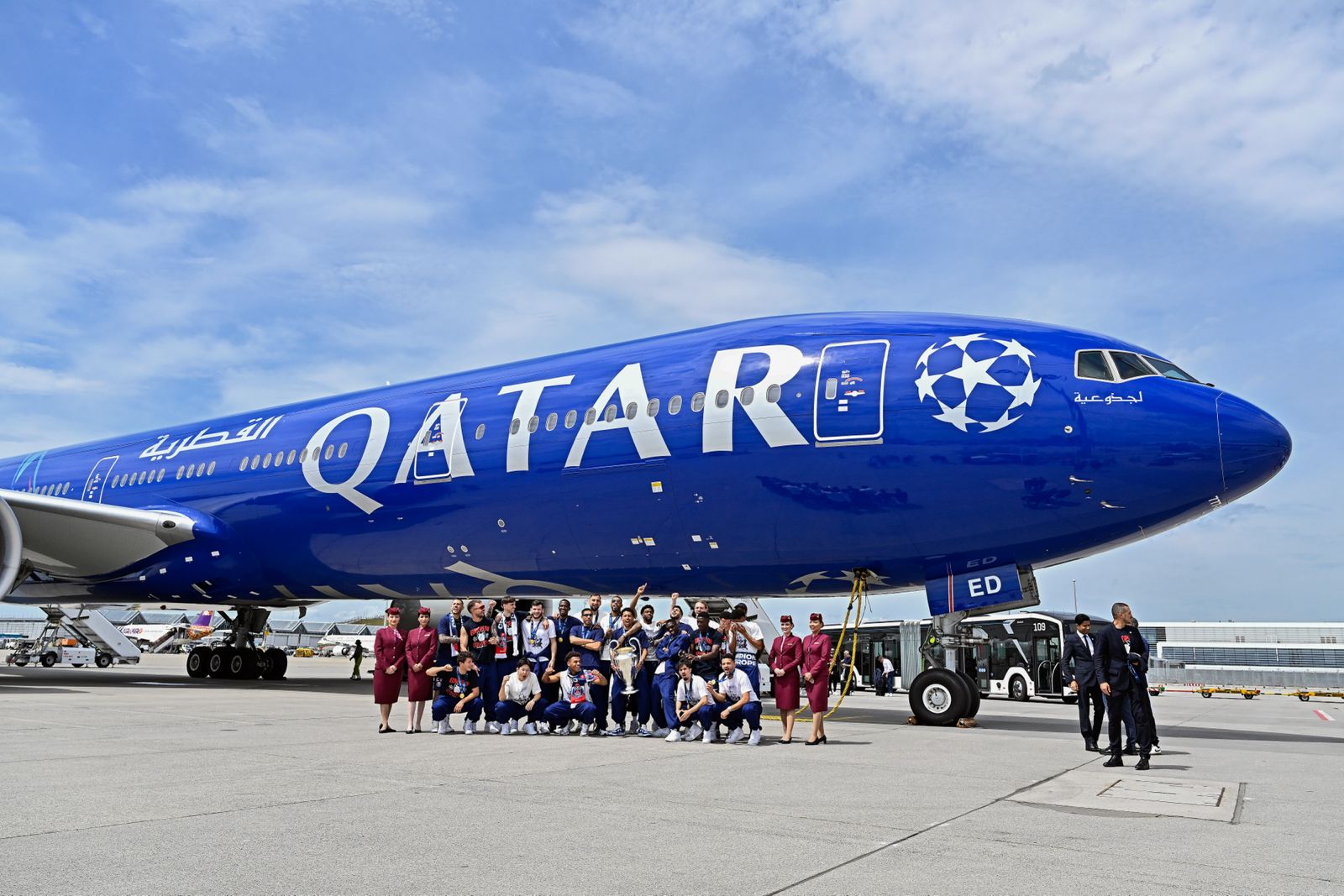 Qatar Airways Boeing 777-300 in special livery for Paris Saint Germain's UEFA Champion's League victory