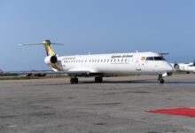 A Uganda Airlines Bombardier CRJ-900.