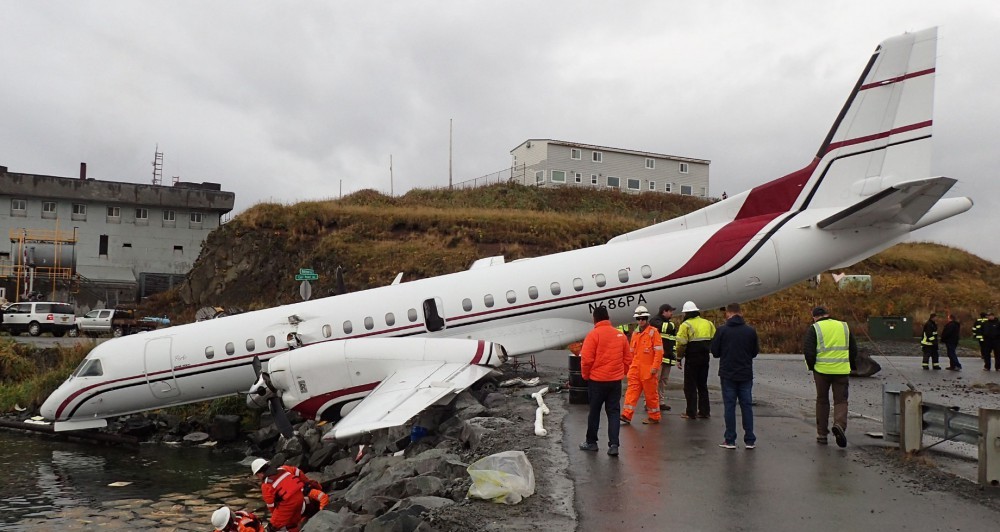 PenAir Flight 3296 after overrunning a runway in Dutch Harbor, Alaska. (Photo: NTSB via Wikimedia Commons)