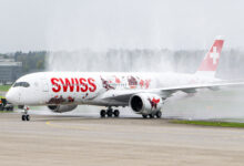 SWISS' first Airbus A350 aircraft receives a water salute. (Photo: SWISS)