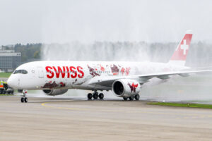 SWISS' first Airbus A350 aircraft receives a water salute. (Photo: SWISS)