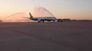 Water canon salute for EVA's first flight to Dallas/Fort Worth
