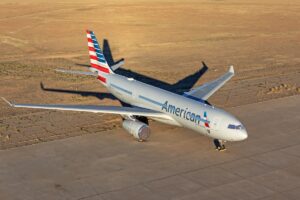 An American A330-200 sits in storage in Roswell, New Mexico.