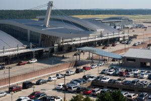 A distant view of Terminal 2 at Raleigh–Durham International Airport