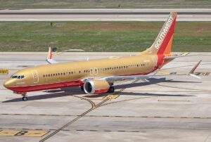 A Southwest Boeing 737 MAX 8 in the carrier's 'Desert Gold' livery