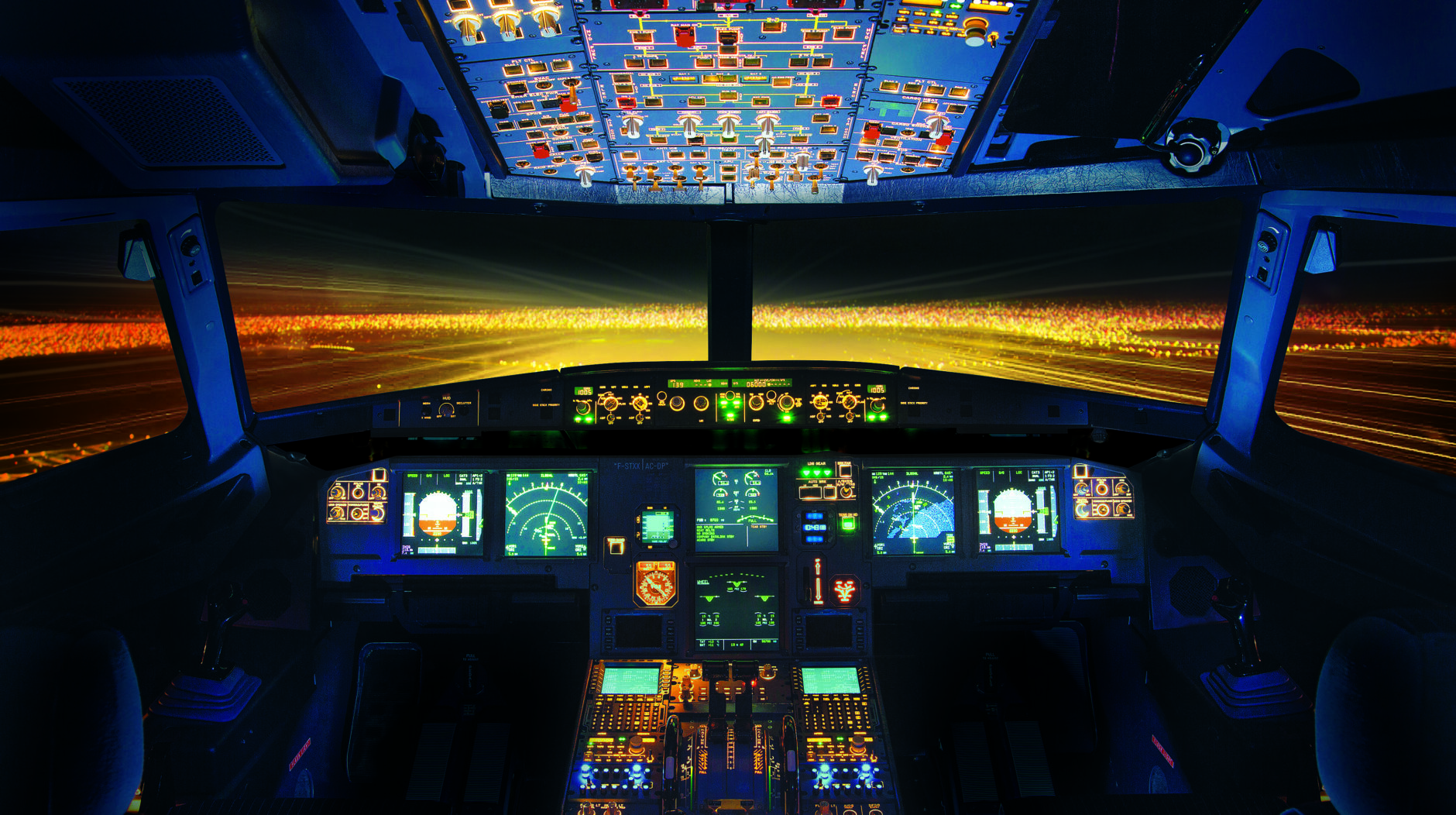 A320 Airbus cockpit by night